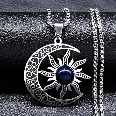 Gothic Moon Sun 201 Stainless Steel Pave Synthetic Blue Goldstone Pendant Necklaces for Women FS-WG56BEB-02-1