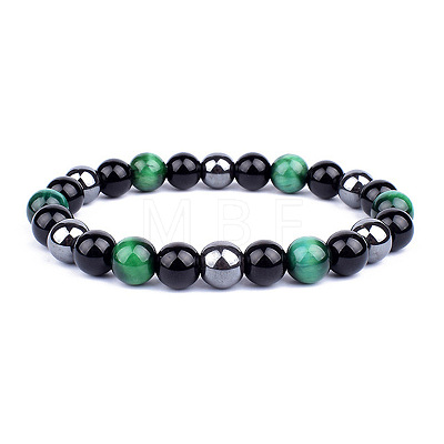Dyed Natural Tiger Eye & Obsidian Round Beaded Stretch Bracelet X-PW-WG77768-06-1
