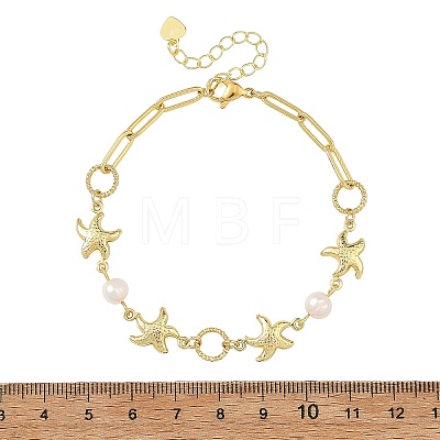 Ocean 304 Stainless Steel Starfish Link Chain Bracelets with Natuarl Pearl for Women BJEW-JB14332-1