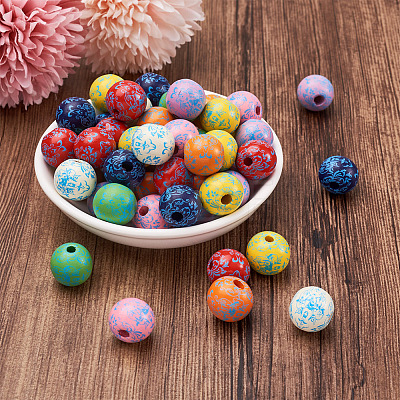 Fashewelry 80Pcs 8 Colors Printed Natural Wood Beads WOOD-FW0001-08-1