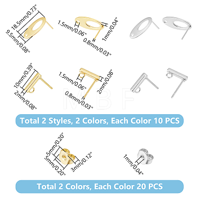 Unicraftale 40Pcs 4 Style Rectangle & Oval 304 Stainless Steel Stud Earring Findings STAS-UN0054-35-1