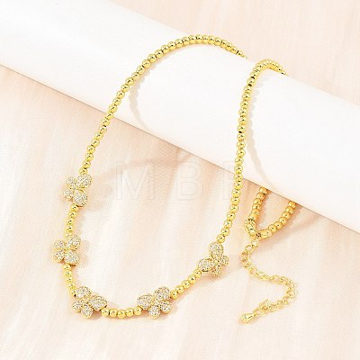 Brass Micro Pave Clear Cubic Zirconia Butterfly and Round Beaded Necklaces KK-CBA4547-13G-1