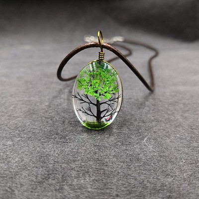 Alloy Wire Wrapped Oval Glass Inner Dried Flower Tree Pendant Waxed Cord Necklaces for Women FS-WG6B63C-17-1