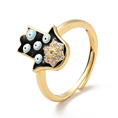 Enamel Hamsa Hand with Evil Eye Adjustable Ring with Clear Cubic Zirconia RJEW-I087-15G-1