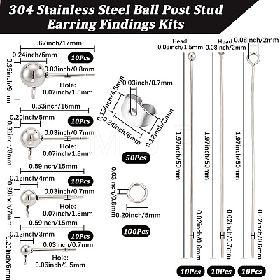 304 Stainless Steel Ball Post Stud Earring Findings & Flat Head Pins & Ball Head Pins & Eye Pin & Jump Rings STAS-BBC0010-38P-1