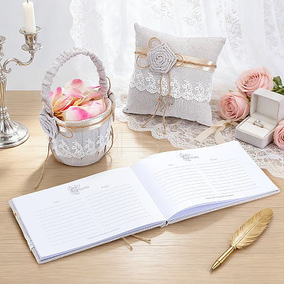 1Pc Square Linen Lace Wedding Ring Display Pillow with Flower AJEW-WA0004-22-1