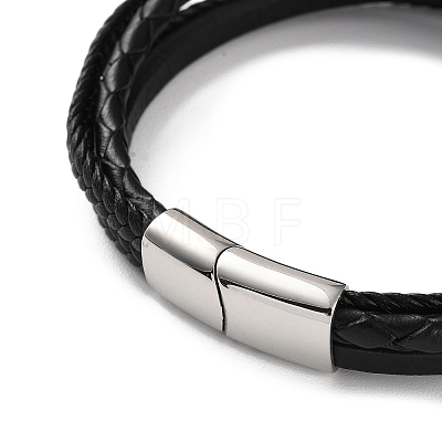 Men's Braided Black PU Leather Cord Multi-Strand Bracelets BJEW-K243-10P-1