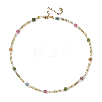 Faceted Cube Natural Multicolor Tourmaline and Glass Seed Beads Beaded Necklaces for Women NJEW-JN06668-1