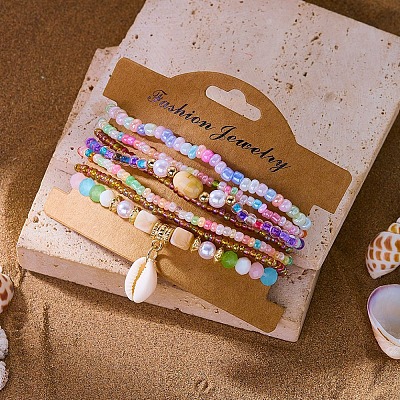 Bohemian Resin & Alloy & Glass Beads & Shell & Plastic Pearls Beaded Stretch Bracelets BJEW-Z169-01C-1