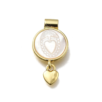 Brass Pave Natural White Shell Flat Round with Heart Pendants KK-C090-37G-05-1