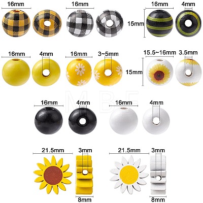 50Pcs 10 Styles Sunflower Theme Printed Wood Beads WOOD-CJ0001-78-1