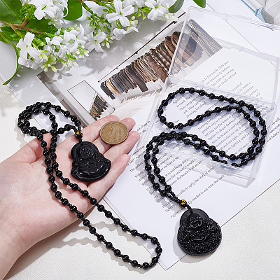 2Pcs 2 Styles Natural Obsidian Buddha Pendant Beaded Necklaces NJEW-UN0001-91-1