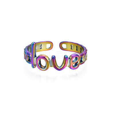 Ion Plating(IP) Rainbow Color 304 Stainless Steel Word Love Open Cuff Ring for Women RJEW-S405-262M-1