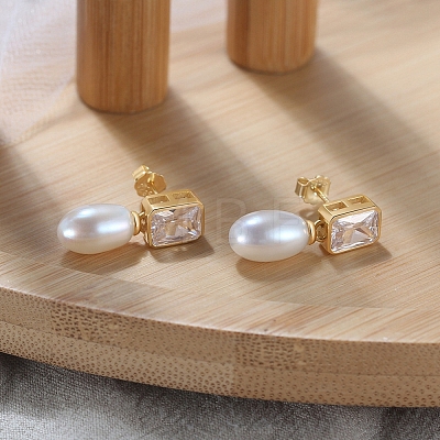 Teardrop Natural Pearl Ear Studs for Women EJEW-P231-13G-1