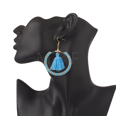 Glass Seed Braided Ring & Polycotton Tassel Dangle Earrings EJEW-MZ00051-1