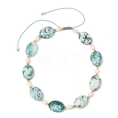 Adjustable Natural Fire Crackle Agate(Dyed & Heated) Oval and Pearl Braided Bead Necklaces NJEW-JN06570-1