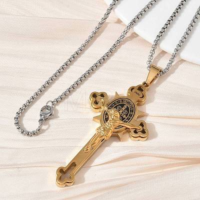 Religion 201 Stainless Steel Enamel Saint Benedict Crucifix Cross Pendant 304 Stainless Steel Box Chain Necklaces SA-CBA3211-03GP-1