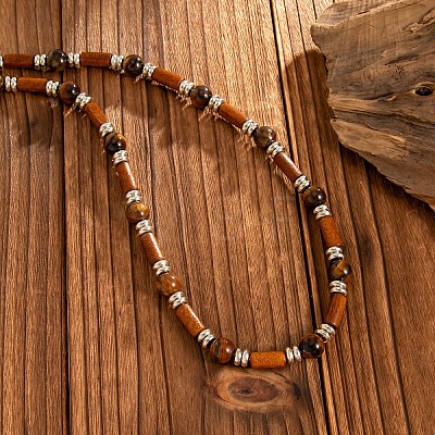 Adjustable Vintage Bohemian Men's Round Natural Tiger Eye and Column Wood Beaded Necklaces HA1225-1
