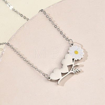 304 Stainless Steel Enamel White Daisy Flower and Heart Pendant Cable Chain Necklaces for Women NJEW-K309-01P-1