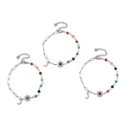 7 Chakra Gemstone Beaded Chain & 304 Stainless Steel Paperclip Chain Bracelets BJEW-JB14411-1