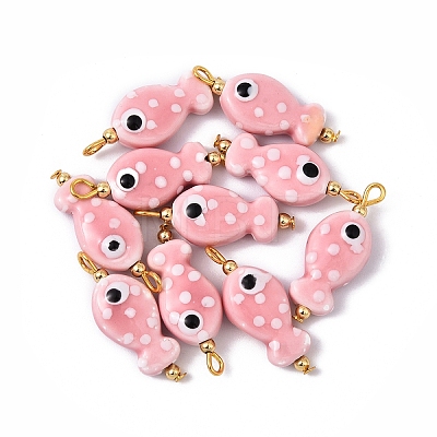 10Pcs Hand Painted Polka Dot Fish Porcelain Pendants PALLOY-YW00115-06-1