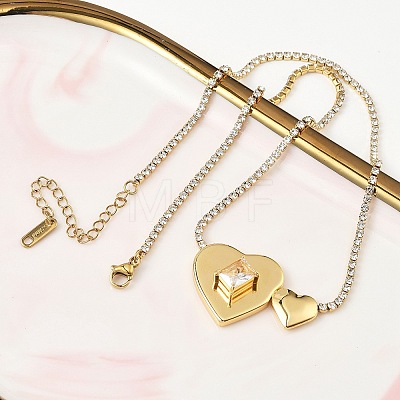 304 Stainless Steel Clear Glass Heart Pendant Rhinestone Tennis Necklaces for Women NJEW-A074-01G-1