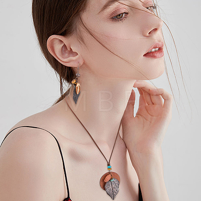 Bohemian Style Leaf Alloy & Wood Pendant Necklaces & Dangle Earrings Sets SJEW-CL0001-03-1