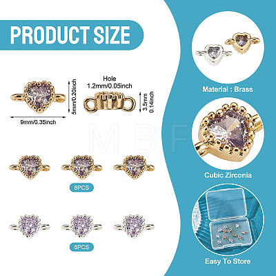12Pcs 2 Colors Brass Pave Cubic Zirconia Heart Links Connector Charms KK-TA0003-48D-1
