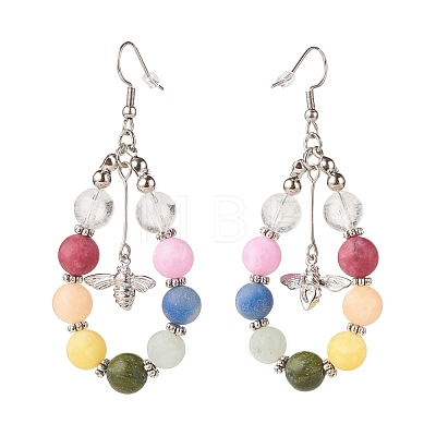 Natural Mixed Gemstone Braided Teardrop Dangle Earrings with Brass Bee Charms EJEW-JE04951-03-1