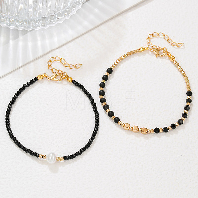 Bohemian Style Plastic Pearl & Brass Cube & Glass Seed Beaded 2-Strand Anklets FS-WG67DAF-01-1