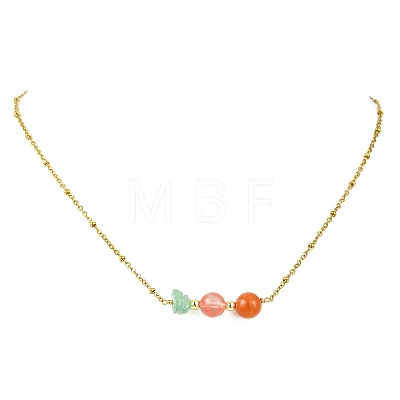 Round Cherry Quartz Glass & Natural Carnelian & Chip Natural Green Aventurine Beaded Pendant 304 Stainless Steel Satellite Chain Necklaces for Women NJEW-JN06158-03-1