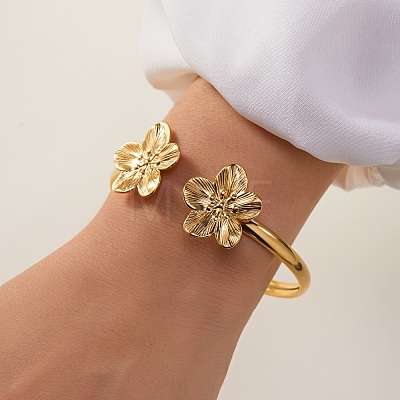 304 Stainless Steel Flower Cuff Bangles for Women BJEW-Z157-02G-01-1