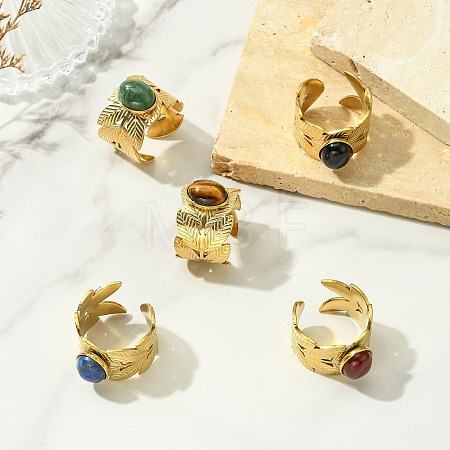Natural Carnelian/Black Agate/Tiger Eye/Lapis Lazuli/Moss Agate Cuff Open Rings RJEW-JR01079-04-1