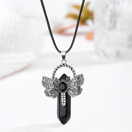 Bohemian Natural Black Onyx(Dyed & Heated) Pointed Stainless Steel Dragonfly Pendant Black PU Leather Necklaces LW6425-1-1