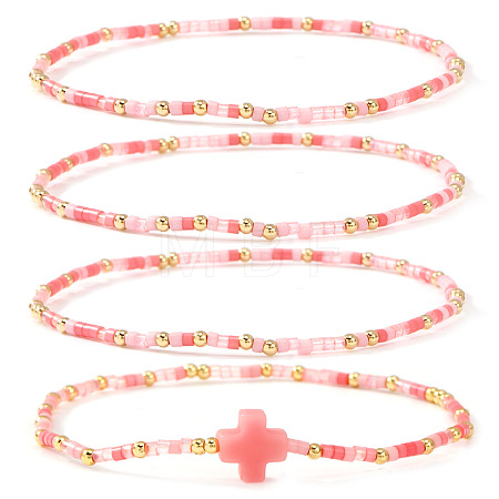 4Pcs Bohemian Summer Cross & Glass Seed Bead Beaded Stretch Bracelet Sets BE5944-3-1