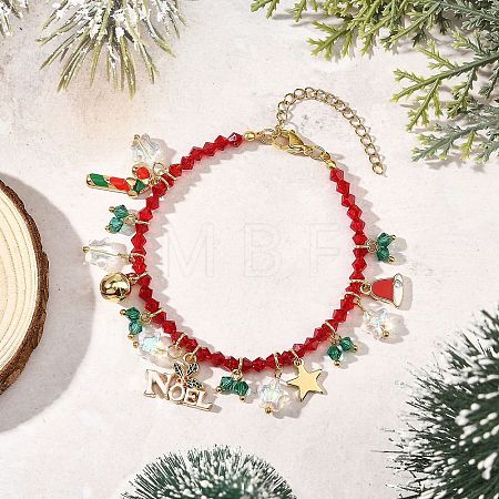 Alloy Enamel Christmas Hat Holly Leaves Charm K9 Glass Faceted Bicone Beaded Bracelets BJEW-TA00764-1