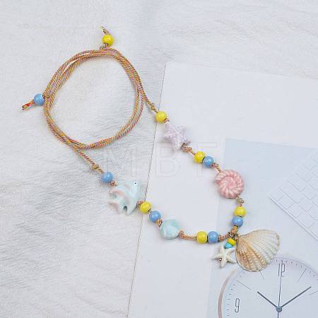 Ceramics Starfish Fish & Resin Shell Shape Pendant Adjustable Cotton Cord Necklaces for Women NJEW-Z100-01A-G-1