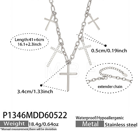 304 Stainless Steel Micro Pave Clear Cubic Zirconia Multi Religion Cross Pendant Bib Necklaces for Women WG70985-01-1