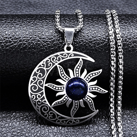 Gothic Moon Sun 201 Stainless Steel Pave Synthetic Blue Goldstone Pendant Necklaces for Women FS-WG56BEB-02-1