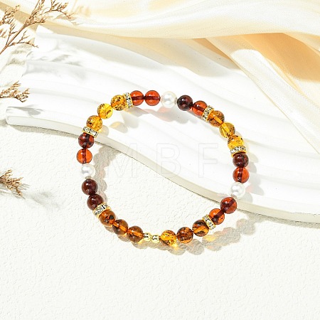 Nautral Amber & Shell Pearl Round Beads Stretch Bracelets for Women BJEW-JB13897-1