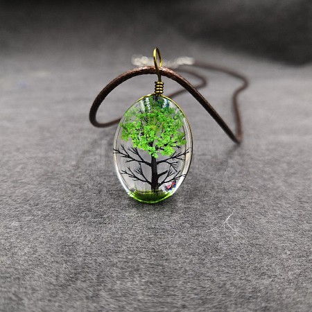 Alloy Wire Wrapped Oval Glass Inner Dried Flower Tree Pendant Waxed Cord Necklaces for Women FS-WG6B63C-17-1