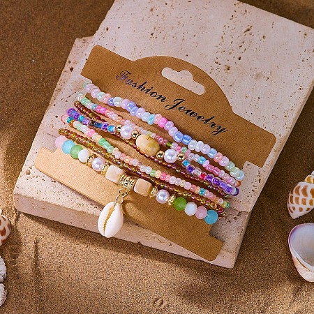 Bohemian Resin & Alloy & Glass Beads & Shell & Plastic Pearls Beaded Stretch Bracelets BJEW-Z169-01C-1