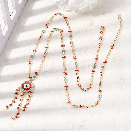 Boho Brass Resin Layered Tassel Red Evil Eye Pendant Necklaces NJEW-L014-04G-1