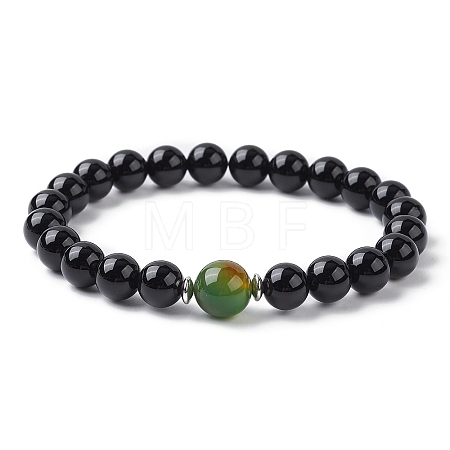 Natural Dyed Peacock Agate & Black Onyx Round Beaded Stretch Bracelets BJEW-TA00408-1