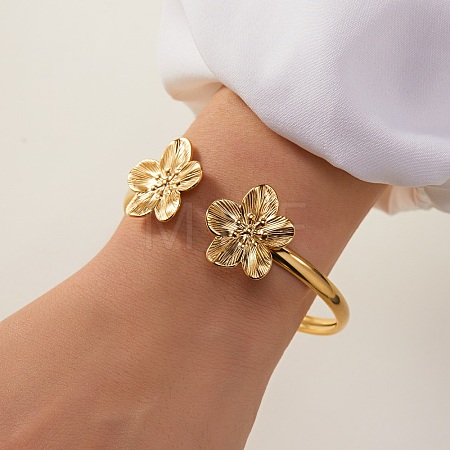 304 Stainless Steel Flower Cuff Bangles for Women BJEW-Z157-02G-01-1