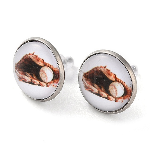 Sport Balls Glass & 304 Stainless Steel Stud Earrings for Women EJEW-H005-01P-06-1