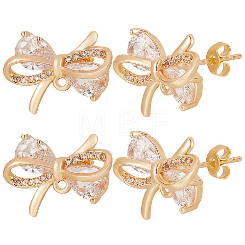 5 Pair Brass Micro Pave Clear Cubic Zirconia Bowknot Stud Earring Findings KK-BBC0005-18-1