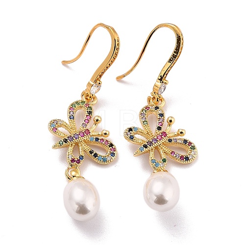 Butterfly with Imitation Pearl Beads Sparkling Cubic Zirconia Dangle Earrings for Her ZIRC-C025-31G-1