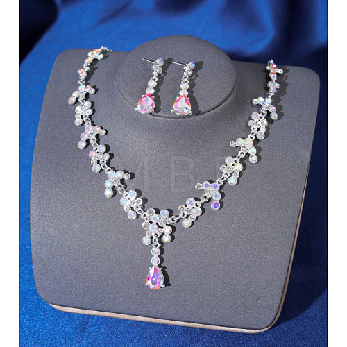 Teardrop Alloy Rhinestone Pendant Necklaces & Stud Dangle Earrings Sets FS-WGE9DA1-07-1