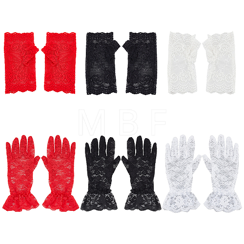 6 Pairs 6 Style Flower Pattern Lace Gloves AJEW-GA0006-10-1
